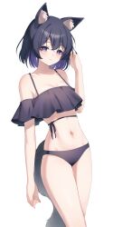 Rule 34 | 1girl, absurdres, animal ears, bikini, black bikini, black hair, breasts, expressionless, fox ears, fox girl, fox tail, hand up, highres, navel, original, photo-referenced, purple eyes, short hair, simple background, small breasts, solo, standing, stomach, string bikini, swimsuit, tail, thighs, ugwa, white background