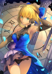 Rule 34 | 10s, 1girl, ahoge, armpits, artoria pendragon (all), artoria pendragon (fate), bare shoulders, black panties, blonde hair, blue dress, breasts, cleavage, clock, dress, elbow gloves, fate/extella, fate/extra, fate (series), gloves, green eyes, highres, long hair, official alternate costume, panties, petals, roman numeral, saber (fate), saber (lapis lazuli dress) (fate), see-through, see-through cleavage, solo, tsuki suigetsu, underwear