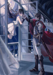 Rule 34 | 1boy, 1girl, absurdres, balcony, belt, black hair, blue eyes, blue shirt, brown footwear, brown gloves, brown hair, cape, dress, earrings, floating, from side, full moon, gloves, hand on another&#039;s cheek, hand on another&#039;s face, highres, holding another&#039;s arm, jewelry, long hair, looking at another, moon, night, night sky, nomuraumu, oscar (unnamed memory), pants, red cape, sheath, sheathed, shirt, short hair, shoulder pads, sky, sleeveless, sleeveless dress, smile, sword, tinasha (unnamed memory), unnamed memory, very long hair, weapon, white dress, white pants