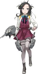 Rule 34 | 1girl, black hair, blouse, boots, bow, bowtie, brown hair, cannon, cross-laced footwear, depth charge, depth charge projector, double bun, dress, fujikawa, full body, grey eyes, grey pantyhose, hair bun, halterneck, kantai collection, lace-up boots, long sleeves, looking to the side, makinami (kancolle), medium hair, multicolored hair, official art, pantyhose, pleated skirt, purple pantyhose, purple skirt, school uniform, shirt, skirt, torpedo, torpedo launcher, torpedo tubes, transparent background, turret, two-tone hair, vest, white shirt