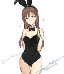 Rule 34 | 10s, 1girl, animal ears, bare shoulders, breasts, brown eyes, brown hair, character name, dated, detached collar, fake animal ears, idolmaster, idolmaster cinderella girls, leotard, long hair, nitta minami, ooyari ashito, playboy bunny, rabbit ears, simple background, sketch, small breasts, smile, solo, white background