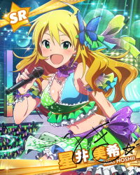 Rule 34 | 10s, 1girl, ahoge, audience, blonde hair, breasts, bug, butterfly, butterfly hair ornament, character name, character signature, choker, cleavage, crop top, frills, glowstick, green eyes, hair ornament, hoshii miki, idolmaster, idolmaster (classic), idolmaster million live!, insect, long hair, looking at viewer, microphone, midriff, navel, official art, open mouth, shiny skin, signature, skirt, smile, solo, wireless