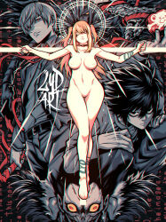 Rule 34 | 2girls, 3boys, absurdres, amane misa, completely nude, death note, highres, l (death note), lydart mclo, multiple boys, multiple girls, navel, nipples, non-web source, nude, rem (death note), ryuk, yagami light