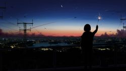 Rule 34 | 1girl, absurdres, aircraft, building, chinese commentary, city, city below, city lights, cityscape, cloud, contrail, crescent moon, evening, fireworks, from behind, highres, holding, holding fireworks, horizon, jacket, lake, moon, mountainous horizon, original, power lines, railing, scenery, short hair, silhouette, sky, skyscraper, solo, sparkler, standing, star (sky), starry sky, utility pole, yu jing