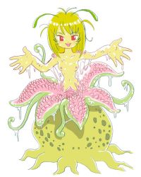 Rule 34 | 1girl, breasts, collarbone, green hair, hands up, jpeg artifacts, monster girl, nipples, nude, plant girl, presenting, pukao, red eyes, simple background, small breasts, solo, tentacles