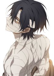 Rule 34 | 10s, 1boy, adam&#039;s apple, bad id, bad twitter id, bandaged arm, bandages, black hair, dark-skinned male, dark skin, from above, full body bandages, highres, isaac foster, looking at viewer, male focus, ntend, open mouth, parted lips, satsuriku no tenshi, simple background, solo, undressing, upper body, white background, yellow eyes