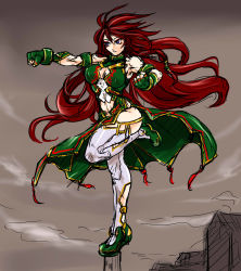 Rule 34 | 1girl, alternate costume, arm strap, blue eyes, breasts, cleavage, clenched hands, cloud, commentary request, dress, eyeshadow, fingerless gloves, garter straps, gloves, green dress, green footwear, green gloves, grey sky, hair between eyes, hair tubes, highres, hip focus, hong meiling, ledjoker07, leg up, long hair, looking afar, makeup, mascara, medium breasts, muscular, muscular female, punching, red hair, revealing clothes, shoes, side slit, sketch, sky, solo, standing, standing on one leg, stomach, thighhighs, thighs, touhou, training, very long hair, white thighhighs, wind