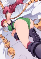 Rule 34 | 1girl, ass, bare shoulders, beret, blonde hair, blue eyes, boots, braid, breasts, cammy white, closed mouth, facial mark, fingerless gloves, gloves, hat, highres, leotard, long hair, looking at viewer, nac000, solo, street fighter, twin braids, very long hair