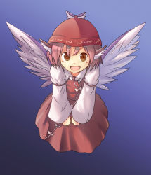 Rule 34 | 1girl, :d, absurdres, animal ears, brown eyes, brown hair, fang, female focus, from above, full body, gradient background, hamakenn, hat, highres, looking at viewer, looking up, mystia lorelei, open mouth, pink hair, short hair, simple background, smile, solo, touhou, wings