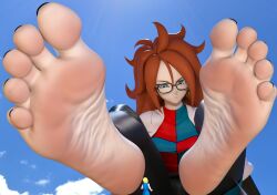 Rule 34 | android 18, android 21, barefoot, blue eyes, brown hair, dragon ball, dragon ball fighterz, embarrassed, glasses, highres, leaning forward, sad, sitting, spread legs