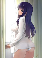 Rule 34 | 1girl, ass, breasts, commentary request, curtains, from behind, indoors, kurusugawa ayaka, large breasts, long hair, long sleeves, looking back, mature female, mitarashi kousei, naked shirt, no pants, panties, purple eyes, purple hair, see-through silhouette, shirt, signature, sleeves past wrists, solo, standing, to heart, to heart (series), underwear, white panties, white shirt, window