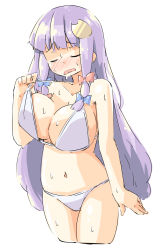 Rule 34 | 1girl, arnest, bikini, blue bow, blush, bow, breasts, cleavage, closed eyes, collarbone, crescent, crescent hair ornament, cropped legs, hair bow, hair ornament, highres, hot, large breasts, long hair, multi-tied hair, navel, patchouli knowledge, purple hair, red bow, sidelocks, sketch, strap lift, sweat, swimsuit, thighs, touhou, wavy mouth, white background, white bikini