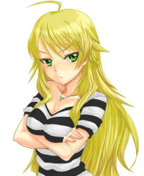 Rule 34 | 1girl, :t, ahoge, bad id, bad pixiv id, blonde hair, breasts, cleavage, collarbone, crossed arms, frown, green eyes, hoshii miki, idolmaster, idolmaster (classic), jewelry, long hair, necklace, run p (aveton), shirt, solo, striped clothes, striped shirt, white background