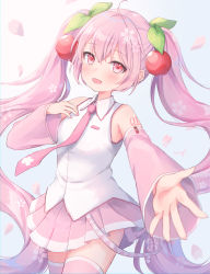 Rule 34 | 1girl, absurdres, alternate color, bare shoulders, blush, cherry hair ornament, collared shirt, cowboy shot, detached sleeves, flower, food-themed hair ornament, hair flower, hair ornament, hand on own chest, hatsune miku, highres, long hair, looking at viewer, miniskirt, necktie, open mouth, outstretched arm, outstretched hand, pink eyes, pink hair, pink necktie, pink skirt, pink sleeves, pleated skirt, reaching, reaching towards viewer, sakura miku, shano hiyori, shirt, skirt, sleeveless, sleeveless shirt, smile, solo, thighhighs, twintails, very long hair, vocaloid, white shirt, wide sleeves, zettai ryouiki