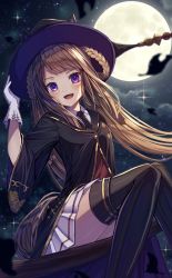 Rule 34 | 1girl, :d, absurdres, animal ears, black robe, boots, brown hair, ears through headwear, full moon, hair rings, hat, highres, horse ears, horse girl, legs, long hair, magical girl, moon, open mouth, purple eyes, robe, smile, solo, sweep tosho (umamusume), thigh boots, twintails, umamusume, witch hat, xx momomo xx