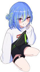 Rule 34 | 1girl, black shorts, blue hair, blush, commentary request, double bun, fingernails, flat chest, full body, green hair, grin, hair between eyes, hair bun, high-waist shorts, highres, hiyoku no crosspiece, long bangs, long sleeves, looking at viewer, mole, mole under eye, multicolored hair, nanashi inc., o-ring, official alternate costume, on one knee, pink eyes, salmon231, short hair, shorts, simple background, sleeves past wrists, smile, solo, suzumi nemo, suzumi nemo (2nd costume), sweater, two-tone hair, virtual youtuber, white background, white sweater