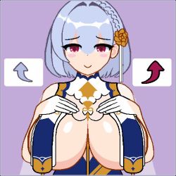 Rule 34 | 1girl, :o, animated, animated gif, arrow (symbol), assisted exposure, azur lane, blinking, blush, blush stickers, braid, breast curtain lift, breast curtains, breasts, china dress, chinese clothes, cleavage, cursor, dress, flower, french braid, gloves, hair between eyes, hair flower, hair ornament, hands on breasts, heart, heart-shaped pupils, heart pasties, huge breasts, large areolae, looking at viewer, neckwear between breasts, nipple poke, nipples, pasties, raccoon (potesara), removing pasties, revealing clothes, see-through, short hair, silver hair, simple background, sirius (azur lane), sirius (azure horizons) (azur lane), smile, speech bubble, symbol-shaped pupils