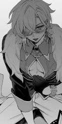 Rule 34 | 1boy, aventurine (honkai: star rail), belt buckle, bracelet, buckle, clothing cutout, collared shirt, earrings, glasses, gloves, greyscale, hair between eyes, hati str, highres, honkai: star rail, honkai (series), jewelry, long hair, looking at viewer, male focus, monochrome, open mouth, pants, pectoral cleavage, pectorals, shirt, short hair, simple background, solo, tongue, tongue out