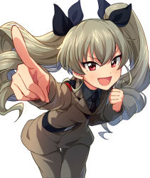 Rule 34 | 1girl, :d, anchovy (girls und panzer), anzio military uniform, asada hachi, black ribbon, drill hair, girls und panzer, green hair, hair ribbon, long hair, long sleeves, looking at viewer, military, military uniform, open mouth, red eyes, ribbon, simple background, smile, solo, twin drills, twintails, uniform, white background