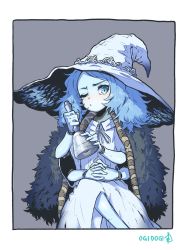 Rule 34 | 1girl, absurdres, bell, blue eyes, blue hair, blue skin, cloak, colored skin, commentary, doll joints, dress, elden ring, extra arms, fur cloak, hat, hat ornament, highres, holding, holding bell, joints, crossed legs, long hair, looking at viewer, ogidoge, one eye closed, own hands together, ranni the witch, solo, white dress, witch hat