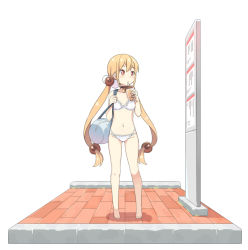 Rule 34 | 1girl, bag, bare arms, bare legs, bare shoulders, barefoot, bell, blonde hair, blush, bra, breasts, brown choker, bubble tea, choker, collarbone, cup, disposable cup, drinking straw, duffel bag, groin, hair between eyes, hair bobbles, hair ornament, hatsunatsu, holding, holding cup, holding strap, long hair, looking away, looking to the side, multi-strapped panties, navel, neck bell, panties, red eyes, small breasts, solo, standing, twintails, underwear, underwear only, very long hair, white background, white bra, white panties, xiaoyuan (you can eat the girl), you can eat the girl