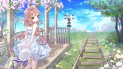 Rule 34 | 1girl, absurdres, bare arms, bare shoulders, bench, blue dress, blue sky, blush, braid, brown eyes, brown hair, closed mouth, cloud, commentary request, commission, danby merong, day, dress, flower, hat, head tilt, highres, holding, holding clothes, holding hat, long hair, looking at viewer, looking back, original, outdoors, pink flower, purple flower, railroad signal, railroad tracks, sky, sleeveless, sleeveless dress, solo, standing, unworn hat, unworn headwear, very long hair, white flower, white hat, yellow flower