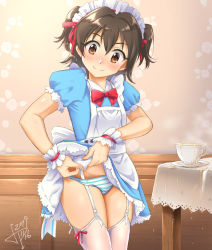 Rule 34 | 1girl, akagi miria, apron, aqua panties, blue dress, blush, bow, bowtie, brown eyes, brown hair, clothes lift, cup, dress, dress lift, dressing, garter belt, highres, idolmaster, idolmaster cinderella girls, indoors, jun piro, maid, maid apron, maid headdress, panties, pee, peeing in cup, red bow, red bowtie, smile, solo, striped clothes, striped panties, table, teacup, thighhighs, twintails, underwear, white apron, white panties, white thighhighs, wrist cuffs