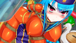 Rule 34 | 1girl, arms behind back, bdsm, blue hair, blush, bondage, boots, bound, breasts, dragon quest, dragon quest iii, covered erect nipples, gloves, hat, highres, huge breasts, latex, latex suit, legs, long hair, looking at viewer, pink eyes, priest (dq3), rope, sitting, skin tight, solo, sweat, thighs, trubka, wooden horse