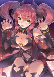 Rule 34 | 1girl, :d, bare shoulders, black jacket, black leotard, black thighhighs, black wings, blue eyes, breasts, bridal gauntlets, claw pose, cleavage, commentary request, demon girl, demon horns, demon tail, demon wings, fang, groin, hagure keg, hair between eyes, hands up, highres, horns, jacket, large breasts, leotard, looking at viewer, nail polish, navel, open mouth, original, pink hair, red nails, sleeveless, sleeveless jacket, slit pupils, smile, solo, tail, thigh gap, thighhighs, twintails, wings