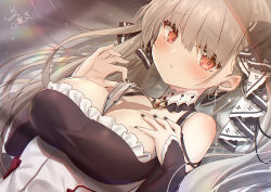 Rule 34 | 1girl, azur lane, black dress, black nails, breasts, cleavage, clothing cutout, detached collar, dress, earrings, formidable (azur lane), frilled dress, frills, frown, grey hair, hand on own chest, jewelry, large breasts, long hair, long sleeves, looking at viewer, nail polish, red eyes, shoulder cutout, solo, sweat, upper body, yano mitsuki (nanairo)