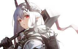 Rule 34 | 1girl, :o, arknights, black gloves, gloves, gradient background, hair ornament, hammer, holding, holding hammer, holding weapon, horns, long hair, long sleeves, looking at viewer, looking to the side, milluun, mudrock (arknights), open mouth, pointy ears, red eyes, silver hair, solo, upper body, weapon, white background