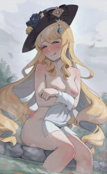 Rule 34 | 1girl, :q, absurdres, arms under breasts, black hat, blonde hair, blue eyes, blush, breasts, commentary, drelouder, drill hair, drill sidelocks, falling leaves, flower, genshin impact, half-closed eyes, hat, hat flower, highres, holding, holding towel, leaf, long hair, looking at viewer, medium breasts, naughty face, navia (genshin impact), nipples, nude, onsen, outdoors, partially submerged, sidelocks, sitting, sky, solo, tongue, tongue out, towel, very long hair
