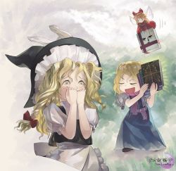 Rule 34 | abstract background, alice margatroid, apron, arms up, black headwear, black vest, blonde hair, blue dress, book, braid, capelet, chibi, closed eyes, cloud, commentary request, covering own mouth, crying, crying with eyes open, doll, dress, flying, forest, glowing, grimoire of alice, hand to own mouth, hat, hat ribbon, highres, holding, holding book, hourai doll, kirisame marisa, kuso miso technique, long hair, looking to the side, nature, puffy short sleeves, puffy sleeves, ribbon, riki6, sash, shirt, short sleeves, shoujo kitou-chuu, single braid, tears, touhou, upper body, very long hair, vest, waist apron, wavy eyes, white capelet, white shirt, witch hat, yellow eyes