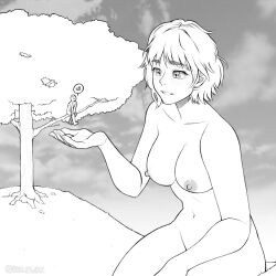 Rule 34 | 1boy, 1girl, breasts, giant, giantess, greyscale, highres, hollewdz, medium breasts, monochrome, nipples, nude, original, short sleeves, size difference, smile, thick eyebrows, tree