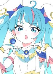 Rule 34 | 1girl, ahoge, blue eyes, blue hair, blush, commentary request, cure sky, earrings, gloves, hirogaru sky! precure, ixy, jewelry, long hair, looking at viewer, magical girl, multicolored hair, open mouth, pink hair, precure, simple background, solo, sora harewataru, streaked hair, twintails, upper body, white background, white gloves