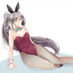 Rule 34 | 10s, 1girl, adapted costume, animal ears, asashimo (kancolle), bad id, bad pixiv id, bow, bowtie, detached collar, fake animal ears, green eyes, hair over one eye, kantai collection, long hair, lying, masayo (gin no ame), on side, pantyhose, playboy bunny, ponytail, rabbit ears, silver hair, solo, very long hair, wrist cuffs