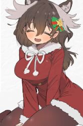 Rule 34 | 010mzam, 1girl, alternate costume, animal ears, antlers, black pantyhose, blush, bow, bowtie, brown hair, closed eyes, dress, extra ears, fur trim, green bow, hair between eyes, hair bow, highres, horns, kemono friends, long hair, long sleeves, moose (kemono friends), moose ears, moose girl, moose tail, open mouth, pantyhose, red bow, red dress, santa costume, sidelocks, smile, solo, tail, two-tone bow, white bow, white bowtie, white fur