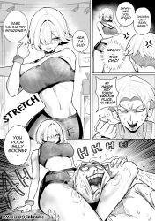 1boy 1girl between_thighs comic english_text greyscale hair_over_one_eye head_between_thighs instant_loss monochrome navel original senukin speech_bubble sports_bikini sports_bra stomach