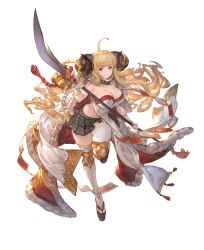 Rule 34 | 1girl, absurdres, ahoge, anila (granblue fantasy), black skirt, blonde hair, blunt bangs, breasts, brown eyes, cape, cleavage, closed mouth, curled horns, draph, full body, fur-trimmed cape, fur collar, fur trim, gloves, granblue fantasy, granblue fantasy versus, granblue fantasy versus: rising, highres, holding, holding polearm, holding weapon, horns, large breasts, leg up, long hair, looking at viewer, midriff peek, minaba hideo, naginata, navel, official art, pelvic curtain, pleated skirt, polearm, sandals, skirt, smile, solo, standing, standing on one leg, thighhighs, transparent background, weapon, white gloves, white thighhighs, zettai ryouiki, zouri