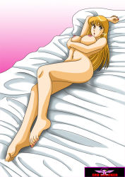 Rule 34 | 1girl, akimoto katherine reiko, ass, barefoot, bed, blonde hair, breast hold, breasts, ero shocker, feet, female focus, full body, gradient background, kochikame, large breasts, legs, long hair, looking at viewer, lying, nail polish, navel, nipples, nude, open mouth, pillow, solo, thighs, toes, yellow eyes
