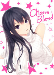 Rule 34 | 1girl, arm support, black hair, coffee-kizoku, english text, eyes visible through hair, long hair, long sleeves, looking at viewer, looking to the side, original, outline, parted lips, purple eyes, reclining, ribbed sweater, shiny skin, shiramine rika, solo, star (symbol), starry background, sweater, turtleneck, white outline