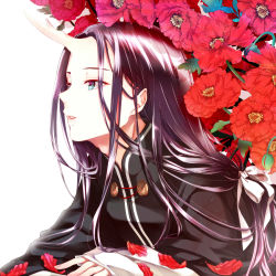 Rule 34 | 1boy, black hair, blue eyes, chinese clothes, flower, from side, highres, horns, juuni kokuki, long hair, long sleeves, low-tied long hair, male focus, mikazuki tenma, oni horns, parted bangs, parted lips, petals, pointy ears, purple hair, red flower, single horn, solo, taiki (juuni kokuki), upper body, white background