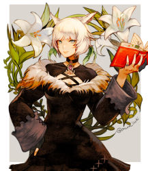 Rule 34 | 1girl, animal ears, book, breasts, cat ears, cat girl, cleavage, covered collarbone, dress, final fantasy, final fantasy xiv, flower, fur trim, grey eyes, hand on own hip, lily (flower), medium breasts, muraicchi (momocchi), solo, white hair, wide sleeves, y&#039;shtola rhul