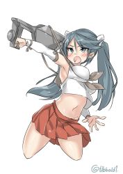 Rule 34 | 10s, 1girl, arm up, armpits, bad id, bad twitter id, blue eyes, blue hair, blush, breasts, crop top, crop top overhang, detached sleeves, ebifurya, eyebrows, hair between eyes, hair ornament, hair ribbon, highres, holding, inactive account, isuzu (kancolle), kantai collection, long hair, long sleeves, matching hair/eyes, medium breasts, midriff, navel, neckerchief, open mouth, pleated skirt, red skirt, ribbon, school uniform, serafuku, simple background, skirt, sleeveless, solo, stomach, strap, twintails, twitter username, white background, white ribbon