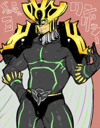 Rule 34 | 1boy, bad id, bad pixiv id, bara, beetle horn, black bodysuit, bodysuit, cape, character request, facial hair, feet out of frame, goatee stubble, green eyes, large pectorals, looking at viewer, mabataki, male focus, muscular, muscular male, pectorals, solo, stubble, superhero costume, thick thighs, thighs, translation request
