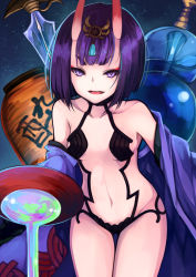 Rule 34 | 1girl, alcohol, blunt bangs, bottle, breasts, collarbone, cowboy shot, cup, fate/grand order, fate (series), headpiece, highres, japanese clothes, kimono, looking at viewer, navel, open clothes, open kimono, open mouth, otogi kyouka, pouring, purple eyes, purple hair, purple kimono, revealing clothes, sakazuki, sake, sake bottle, short hair, shuten douji (fate), small breasts, smile, solo, sword, teeth, thighs, weapon