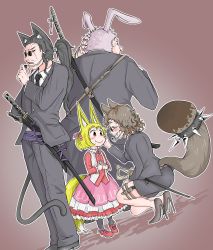 Rule 34 | 2boys, 2girls, animal ears, black jacket, black legwear, black pants, blonde hair, blush, bodyguard, brown footwear, brown hair, cat ears, cat tail, child, closed mouth, commentary request, doitsuken, dutch angle, closed eyes, fox ears, fox tail, hair ribbon, high heels, highres, jacket, katana, microphone, multiple boys, multiple girls, original, own hands together, pants, pantyhose, pencil skirt, pink ribbon, pink skirt, rabbit ears, raccoon ears, raccoon tail, rapier, red eyes, red footwear, ribbon, scabbard, scar, scar across eye, scar on face, sheath, short hair, skirt, smile, spikes, squatting, sunglasses, sword, tail, vest, weapon, weapon on back
