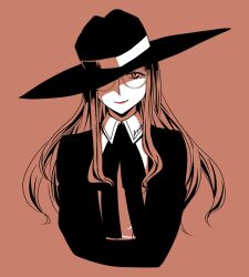 Rule 34 | 1girl, black hat, closed mouth, collared shirt, eyelashes, formal, hat, hat over one eye, ikuris, lipstick, long hair, makeup, monochrome, round eyewear, shaded face, shirt, simple background, smile, solo, spy x family, suit, sylvia sherwood, upper body, wide brim