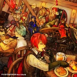 Rule 34 | &gt; &lt;, 6+boys, 6+girls, akaneko (redakanekocat), alcohol, animal ears, barrel, beer, beer mug, blonde hair, blue hair, braid, bread, breasts, brown hair, cafe, candle, cleavage, cloak, ascot, cup, dessert, dragon, dress, drinking glass, eating, closed eyes, food, gloves, goggles, goggles on head, green eyes, grin, hat, highres, hood, interior, juliet sleeves, leg up, long hair, long sleeves, looking at another, mug, multiple boys, multiple girls, pixiv fantasia, pixiv fantasia new world, plate, pouch, pudding, puffy sleeves, quill, red eyes, red hair, short hair, silver hair, sitting, smile, spoon, staff, stairs, standing, table, talking, vest, wide sleeves, wine, wine glass
