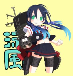 Rule 34 | 10s, 1girl, alternate costume, aqua hair, blue hair, clenched hand, colored eyelashes, cosplay, gradient hair, green eyes, grin, hair between eyes, hair ribbon, kantai collection, long hair, looking at viewer, low twintails, miniskirt, multicolored hair, navel, pleated skirt, ribbon, school uniform, serafuku, short sleeves, simple background, skirt, smile, solo, standing, suzukaze (kancolle), tress ribbon, tun, twintails, yellow background, yuudachi (kancolle), yuudachi (kancolle) (cosplay)